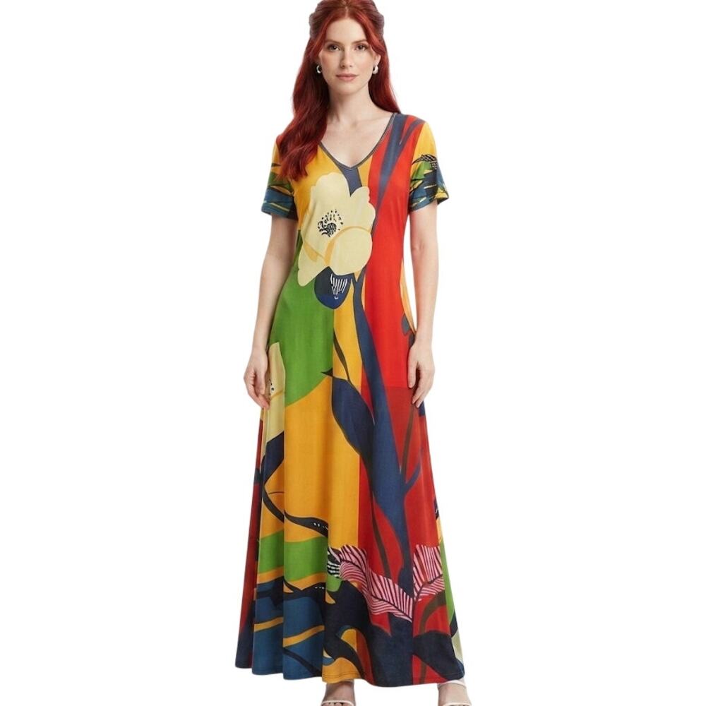 Abstract Floral Maxi Dress Colorful Summer Vacation Flowy Large
